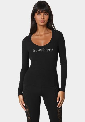Bebe Logo Long Sleeve Scoop Neck Single Stone Rib Top